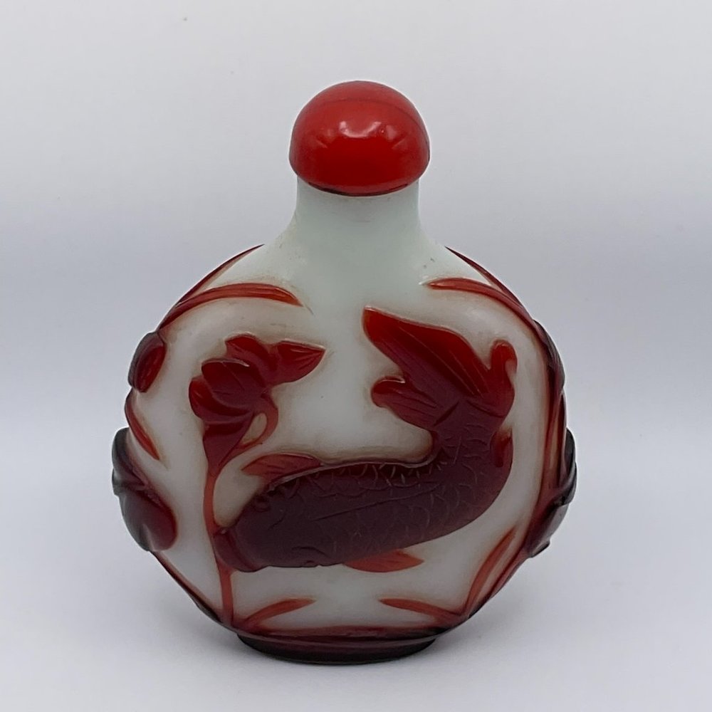 Early 20th Century Oversize Large Opaline Glass Snuff Bottle With Red Overlay